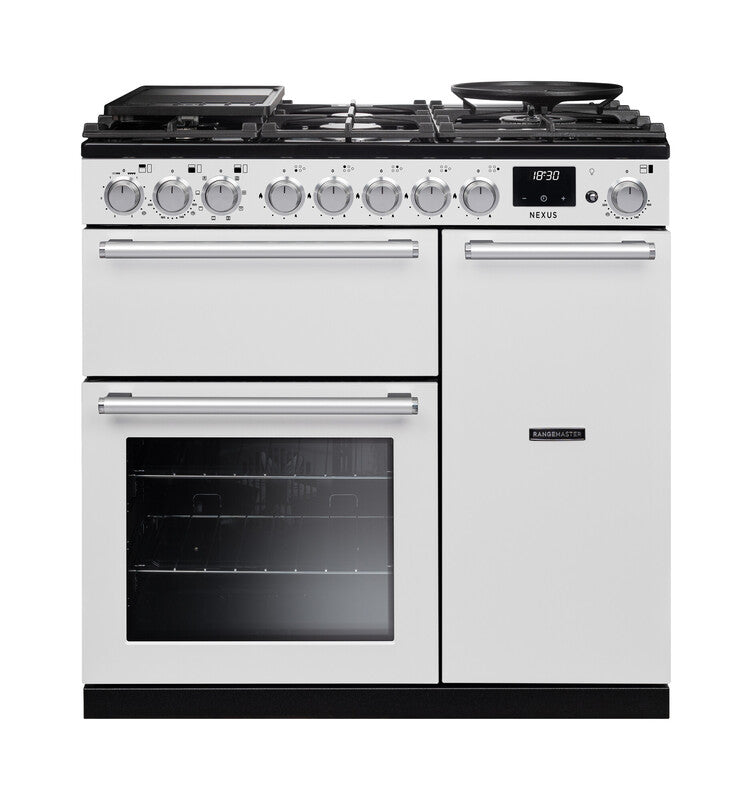 Rangemaster Nexus NEX90DFPWHT/CM1 90cm Dual Fuel Range Cooker - White & Chrome Trim