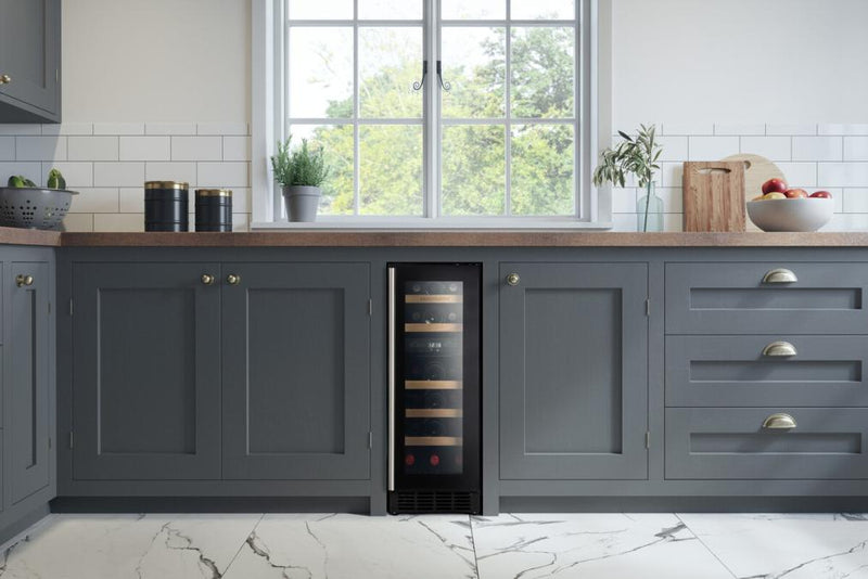 Rangemaster RWC3018BL 30cm Wine Cooler - 18 Bottle Capacity - Black & Stainless Steel Trim