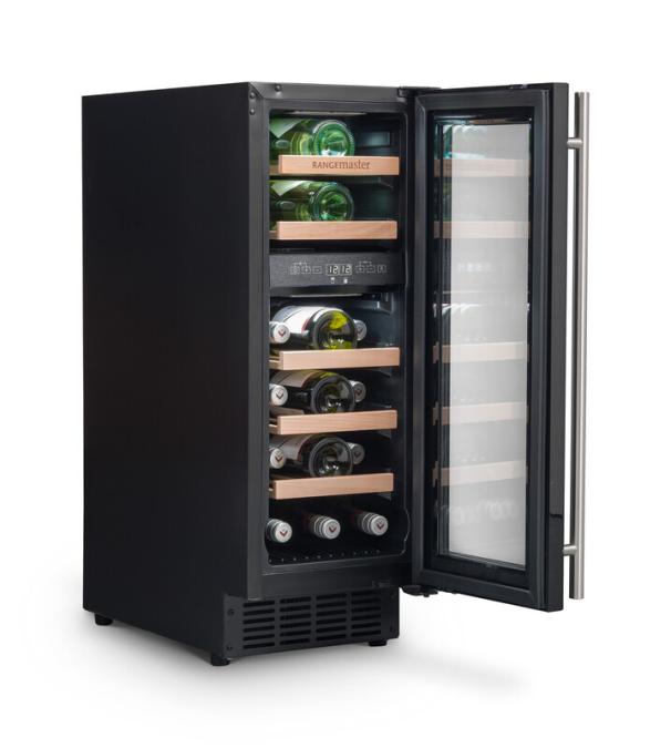 Rangemaster RWC3018BL 30cm Wine Cooler - 18 Bottle Capacity - Black & Stainless Steel Trim