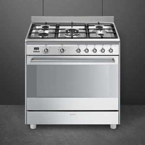 Stainless steel 90cm dual fuel range cooker with five burners and control knobs, Free Delivery Eastbourne Uckfield. - DB Domestics