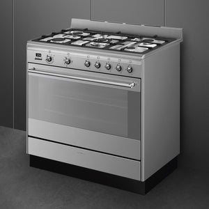 Stainless steel Smeg 90cm dual fuel range cooker with six gas burners and large oven, Eastbourne Uckfield Free Delivery. - DB Domestics