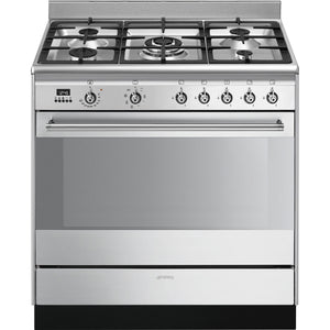 Smeg 90cm stainless steel dual fuel range cooker with five burners and large oven door Free Delivery Eastbourne Uckfield. - DB Domestics