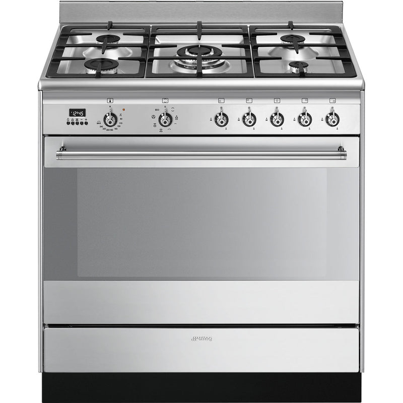 Smeg 90cm stainless steel dual fuel range cooker with five burners and large oven door Free Delivery Eastbourne Uckfield. - DB Domestics