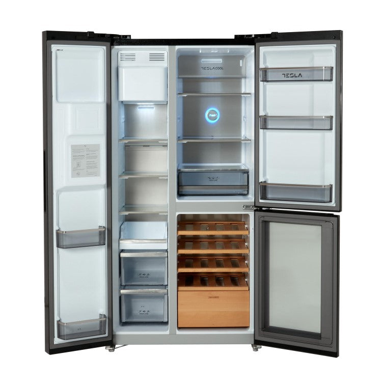 Tesla T530TDBG Black Plumbed American Fridge Freezer with Wine Storage