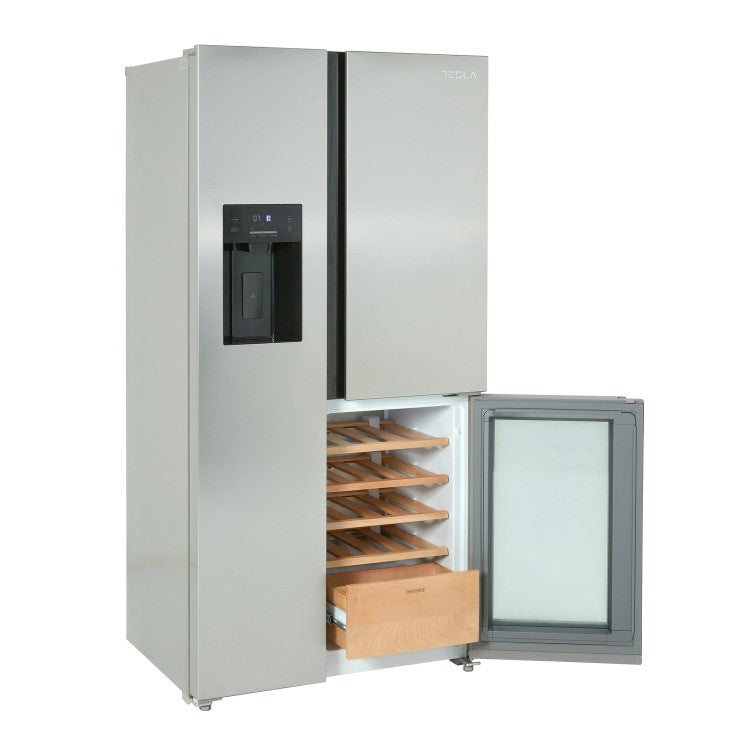 Tesla T530TDXG Inox Plumbed American Fridge Freezer with Wine Storage