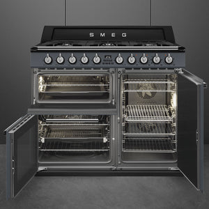 Slate grey Smeg Victoria TR103GR 100cm dual fuel range cooker with open ovens, knobs, Eastbourne Uckfield Free Delivery. - DB Domestics