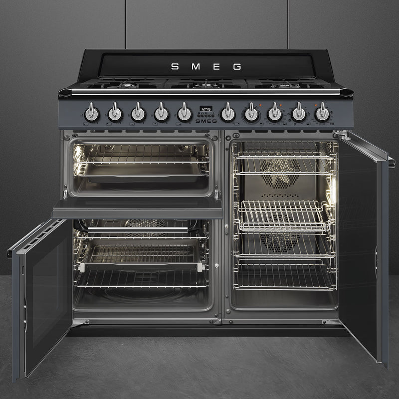 Slate grey Smeg Victoria TR103GR 100cm dual fuel range cooker with open ovens, knobs, Eastbourne Uckfield Free Delivery. - DB Domestics
