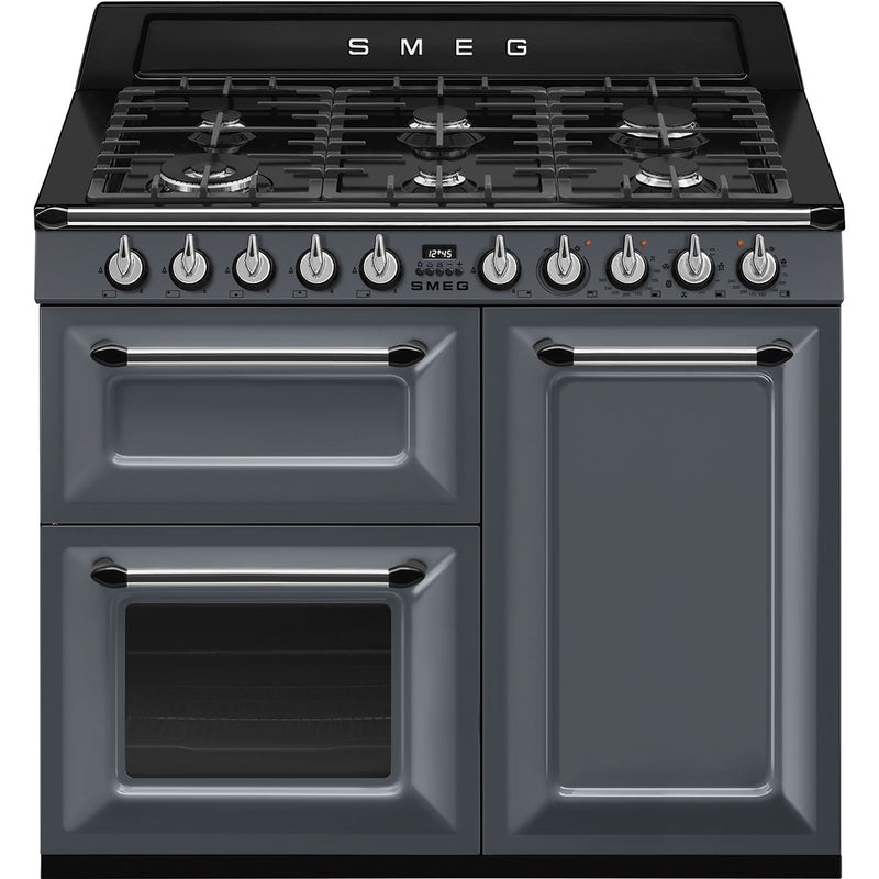 Slate grey Smeg Victoria TR103GR 100cm dual fuel range cooker with six burners and three ovens, available in Eastbourne and. - DB Domestics