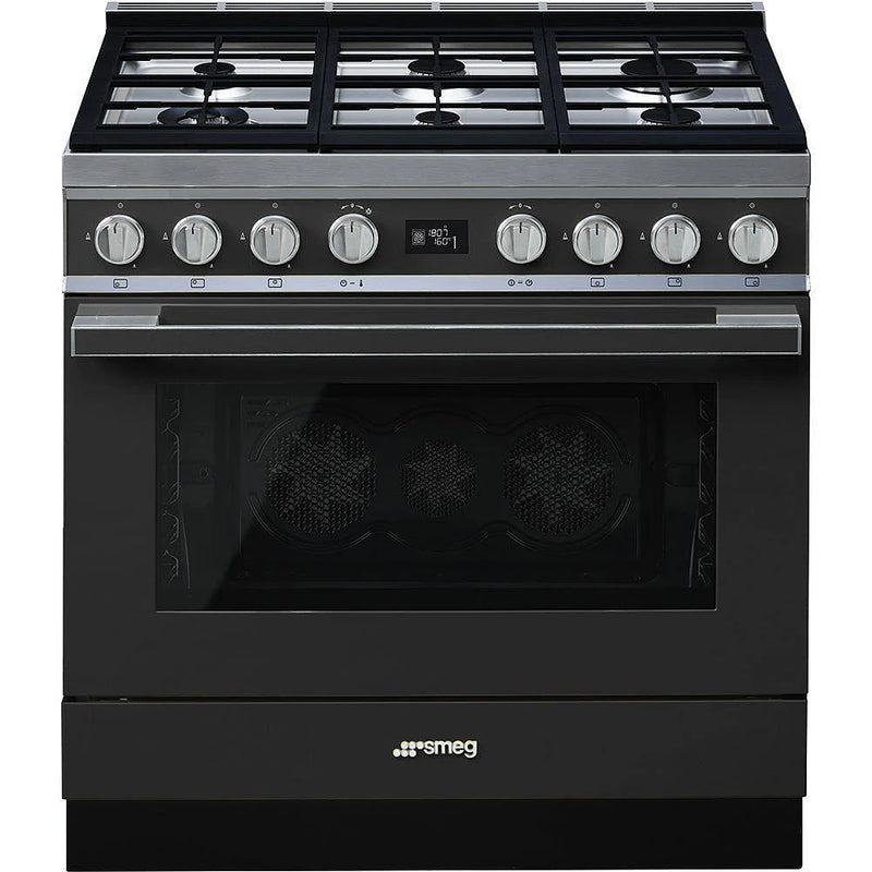 Anthracite Smeg Portofino 90cm dual fuel range cooker with six gas burners and digital display, free delivery to Eastbourne. - DB Domestics