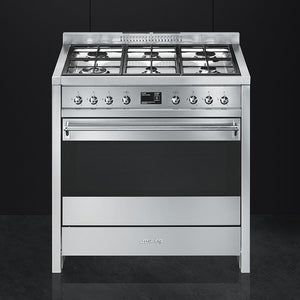 Stainless steel Smeg A1-9 Opera 90cm dual fuel range cooker with six burners and digital display, Free Delivery in. - DB Domestics
