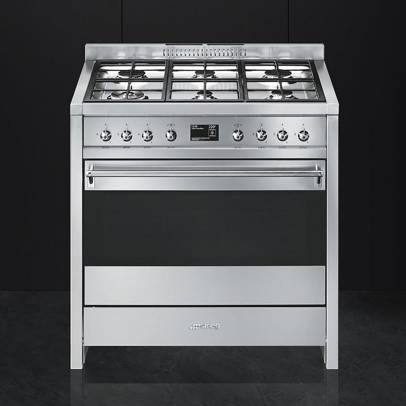 Stainless steel Smeg A1-9 Opera 90cm dual fuel range cooker with six burners and digital display, Free Delivery in. - DB Domestics