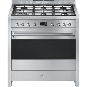 Stainless steel Smeg A1-9 Opera 90cm dual fuel range cooker with six burners and large oven, available in Eastbourne and. - DB Domestics