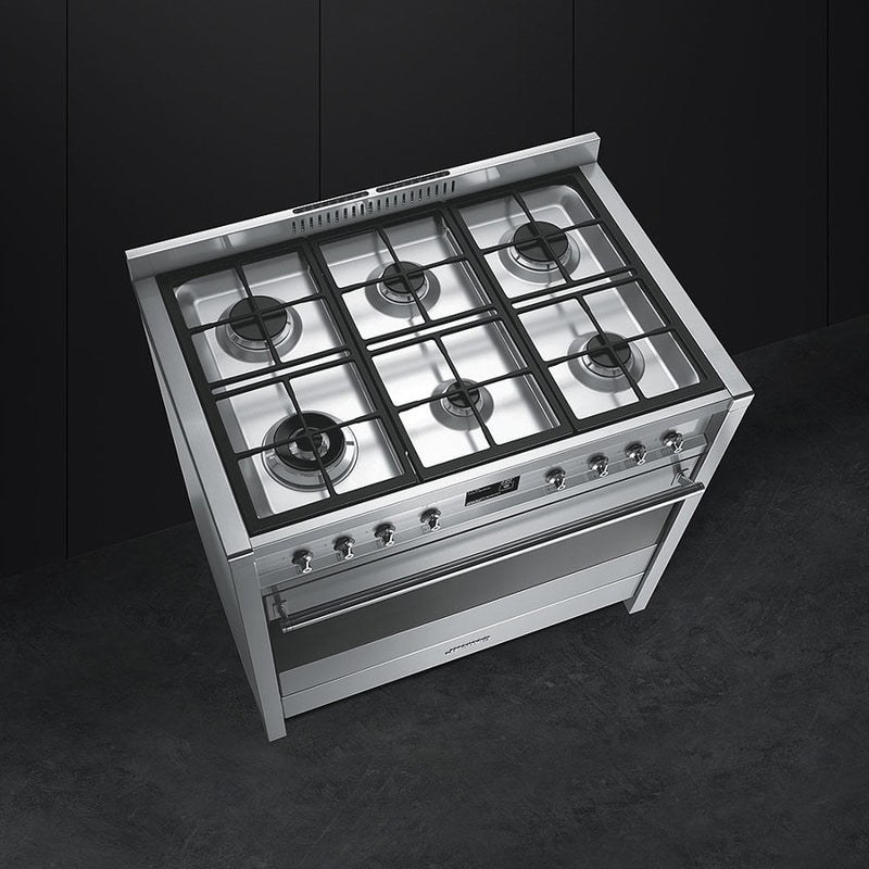 Smeg A1-9 Opera 90cm stainless steel dual fuel range cooker with six gas burners, available in Eastbourne and Uckfield with. - DB Domestics