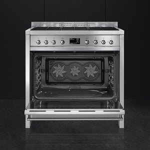 Smeg A1-9 Opera 90cm stainless steel dual fuel range cooker with open oven door, Eastbourne Uckfield Free Delivery. - DB Domestics