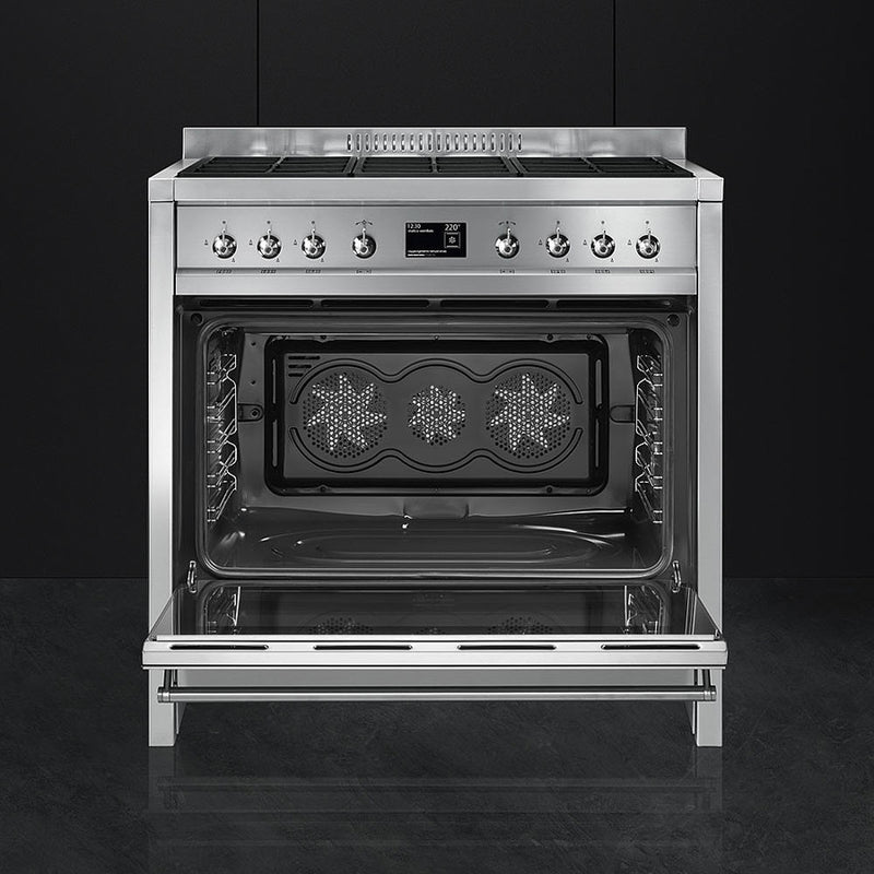 Smeg A1-9 Opera 90cm stainless steel dual fuel range cooker with open oven door, Eastbourne Uckfield Free Delivery. - DB Domestics