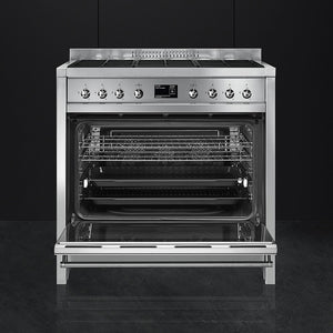 Smeg A1-9 Opera 90cm stainless steel dual fuel range cooker with open oven, knobs, and digital display, Eastbourne Uckfield. - DB Domestics