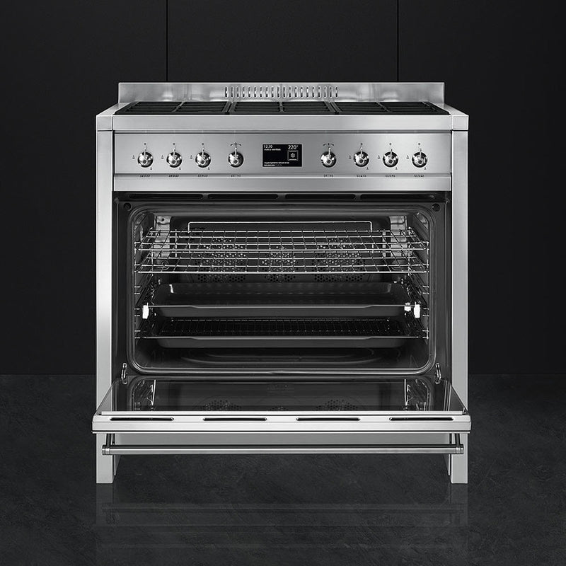 Smeg A1-9 Opera 90cm stainless steel dual fuel range cooker with open oven, knobs, and digital display, Eastbourne Uckfield. - DB Domestics