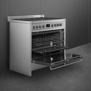 Smeg A1-9 Opera 90cm stainless steel dual fuel range cooker with open oven door, available with free delivery in Eastbourne. - DB Domestics