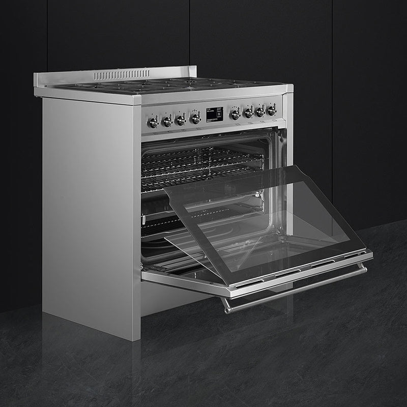 Smeg A1-9 Opera 90cm stainless steel dual fuel range cooker with open oven door, available with Free Delivery in Eastbourne. - DB Domestics