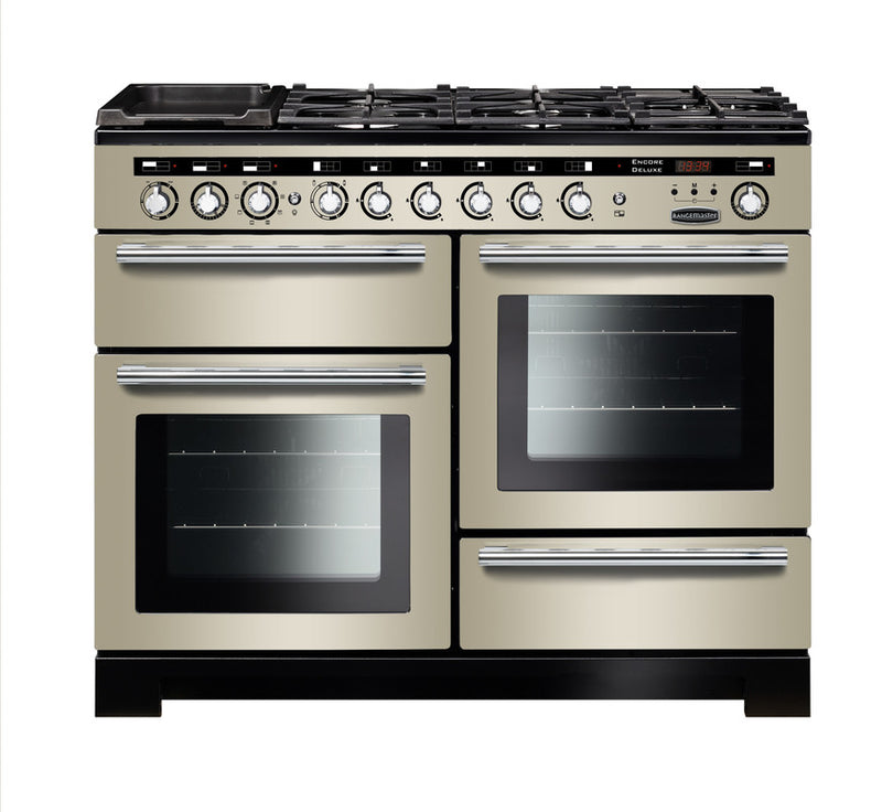 Rangemaster Encore Deluxe 110cm Dual Fuel Range Cooker Ivory with Chrome