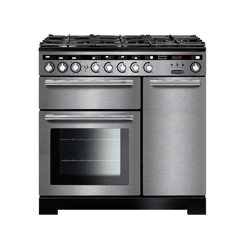Rangemaster Encore Deluxe 90cm Dual Fuel Range Cooker Stainless Steel with Chrome