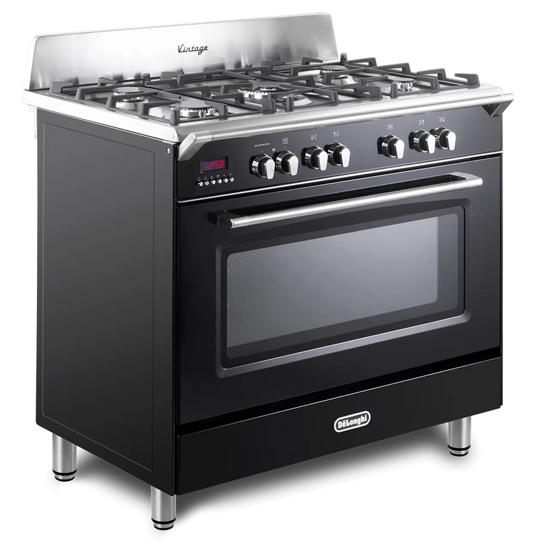 DeLonghi Vintage 90cm Single Cavity Dual Fuel Range Cooker DVRS916DFBL Gloss Black