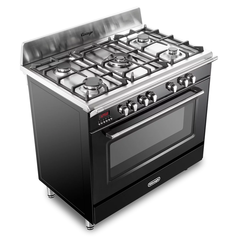 DeLonghi Vintage 90cm Single Cavity Dual Fuel Range Cooker DVRS916DFBL Gloss Black