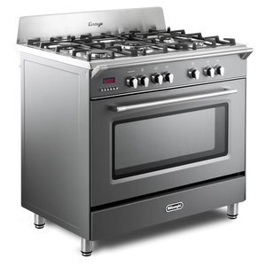 Slate grey 90cm DeLonghi dual fuel range cooker with six gas burners, control knobs, and oven window, Eastbourne Uckfield. - DB Domestics