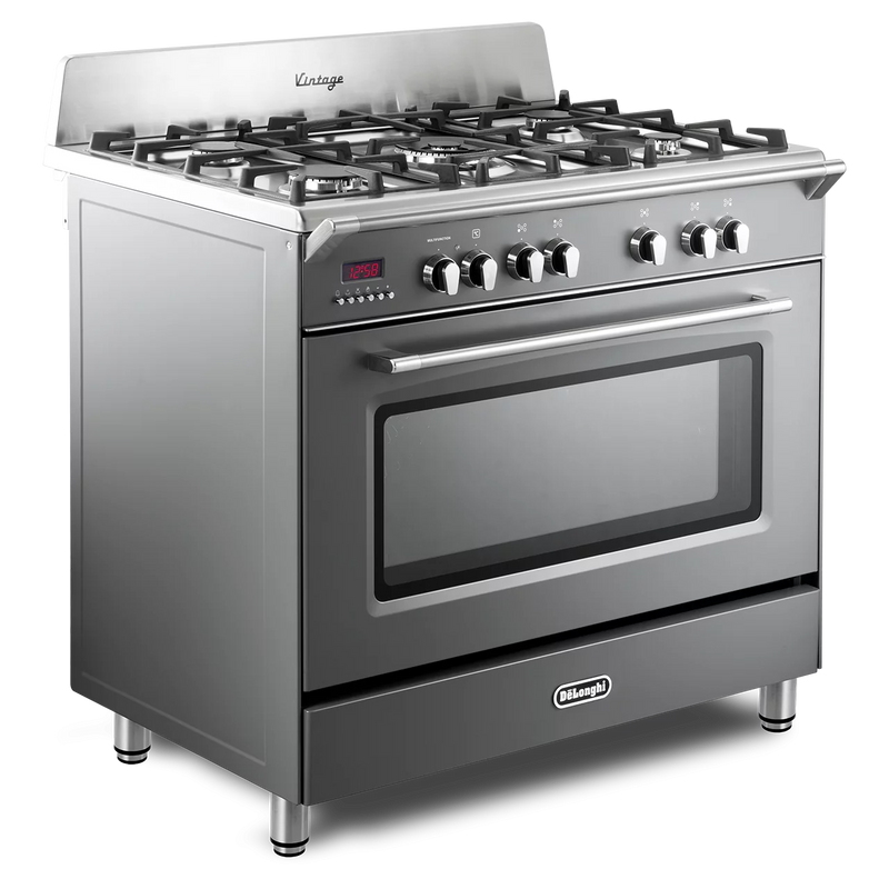 Slate grey 90cm DeLonghi dual fuel range cooker with six gas burners, control knobs, and oven window, Eastbourne Uckfield. - DB Domestics