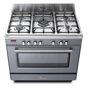 Slate grey DeLonghi 90cm dual fuel range cooker with five gas burners and large oven, free delivery to Eastbourne and. - DB Domestics