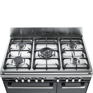 Gloss black DeLonghi Vintage 90cm three cavity dual fuel range cooker with stainless steel top, knobs, and five gas burners, . - DB Domestics