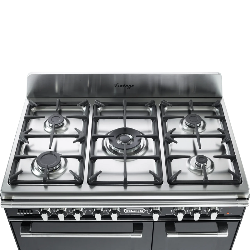 Gloss black DeLonghi Vintage 90cm three cavity dual fuel range cooker with stainless steel top, knobs, and five gas burners, . - DB Domestics