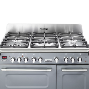 Slate grey DeLonghi Vintage 90cm three cavity dual fuel range cooker with stainless steel backplate, six gas burners, and. - DB Domestics