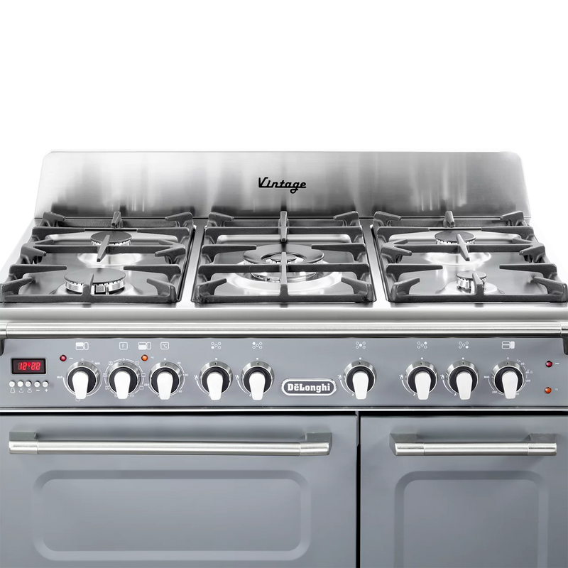 Slate grey DeLonghi Vintage 90cm three cavity dual fuel range cooker with stainless steel backplate, six gas burners, and. - DB Domestics