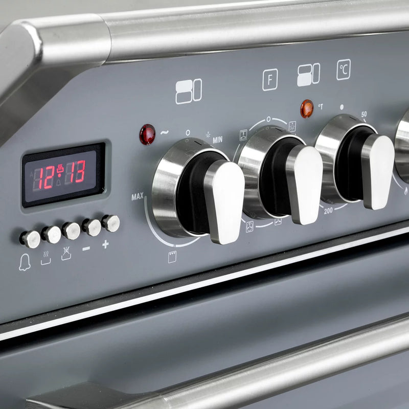 Slate grey DeLonghi Vintage 90cm dual fuel range cooker control panel with stainless steel knobs Eastbourne Uckfield Free. - DB Domestics