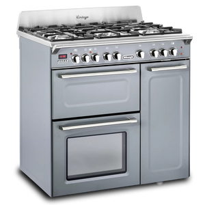 Slate grey DeLonghi 90cm three cavity dual fuel range cooker with six gas burners, suitable for Eastbourne and Uckfield with . - DB Domestics