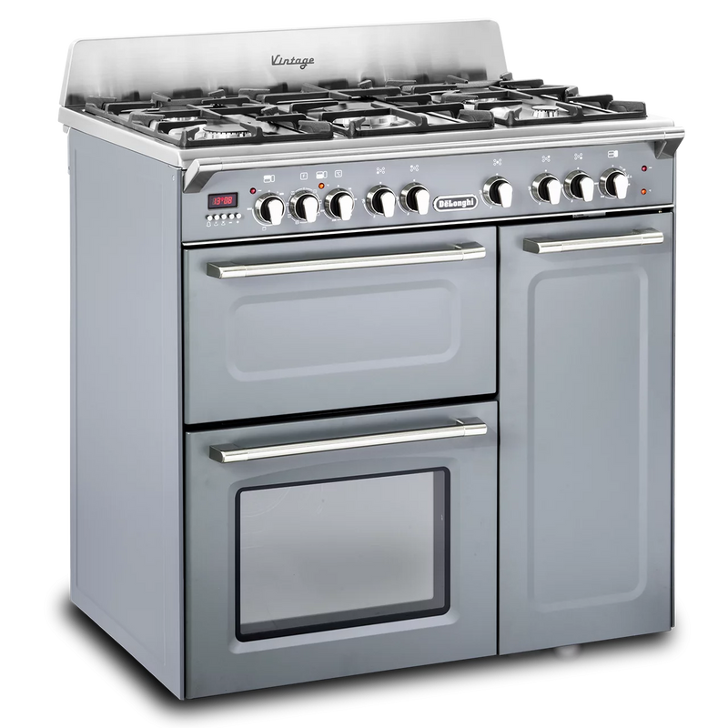 Slate grey DeLonghi 90cm three cavity dual fuel range cooker with six gas burners, suitable for Eastbourne and Uckfield with . - DB Domestics