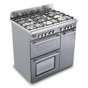 Slate grey DeLonghi 90cm dual fuel range cooker with three ovens and six gas burners, Free Delivery to Eastbourne and. - DB Domestics