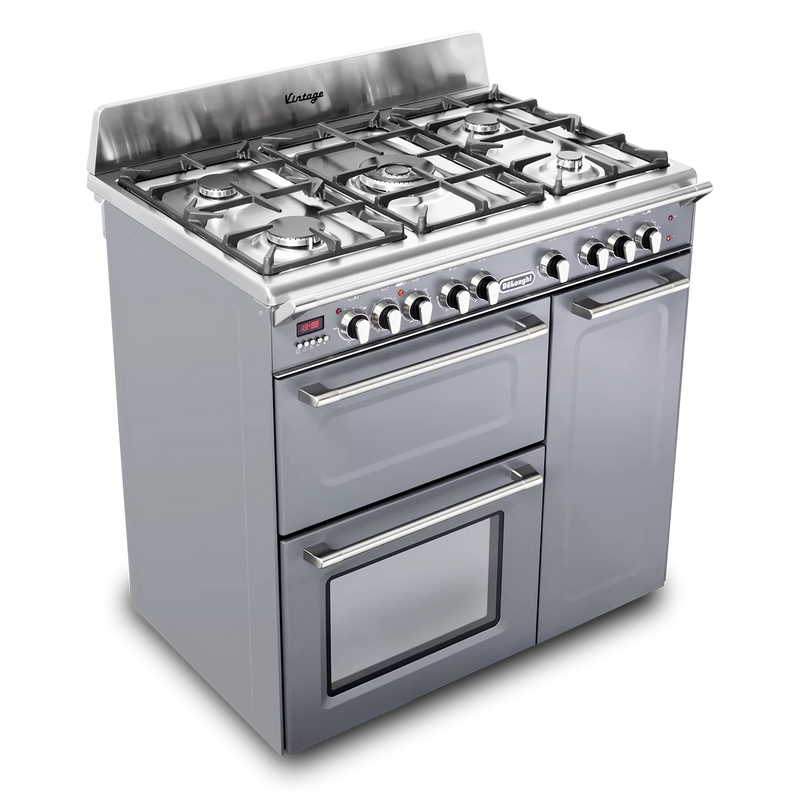 Slate grey DeLonghi 90cm dual fuel range cooker with three ovens and six gas burners, Free Delivery to Eastbourne and. - DB Domestics