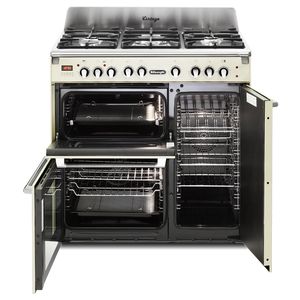 Cream DeLonghi 90cm three cavity dual fuel range cooker with open doors, available Eastbourne, Uckfield, Free Delivery. - DB Domestics