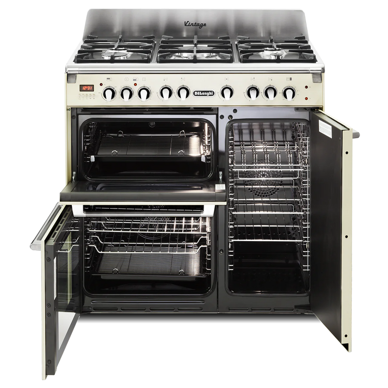 Cream DeLonghi 90cm three cavity dual fuel range cooker with open doors, available Eastbourne, Uckfield, Free Delivery. - DB Domestics
