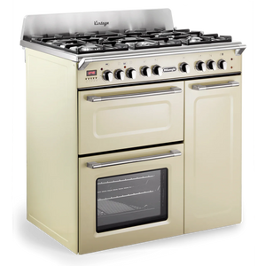 Cream DeLonghi 90cm dual fuel range cooker with three oven cavities and six gas burners, Free Delivery Eastbourne Uckfield. - DB Domestics