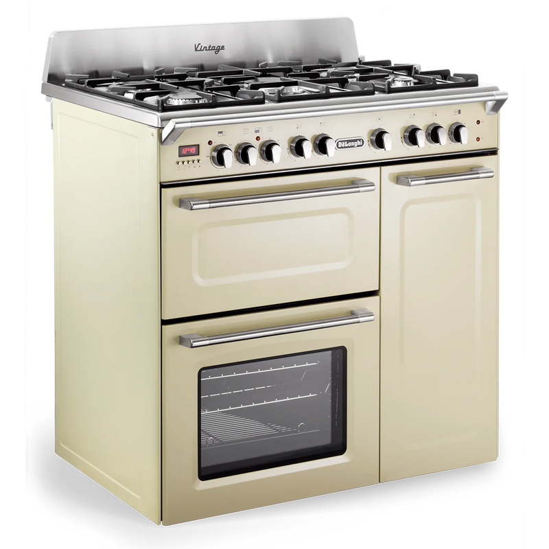 Cream DeLonghi 90cm dual fuel range cooker with three oven cavities and six gas burners, Free Delivery Eastbourne Uckfield. - DB Domestics