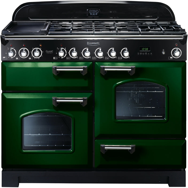 Rangemaster Classic Deluxe 110cm Dual Fuel Range Cooker Green with Chrome