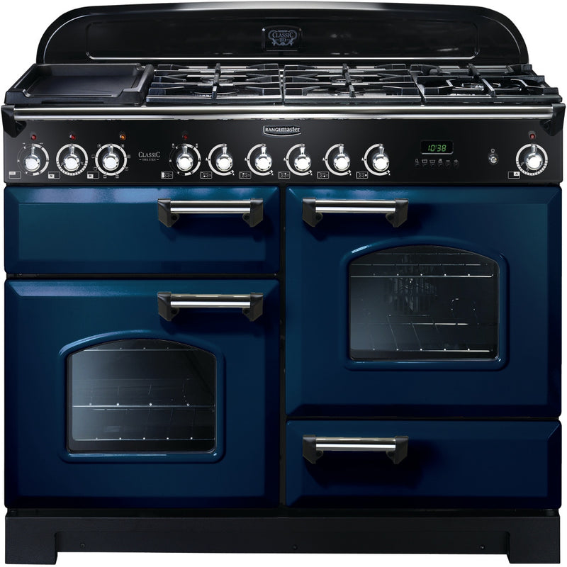 Rangemaster Classic Deluxe 110cm Dual Fuel Range Cooker Blue with Chrome