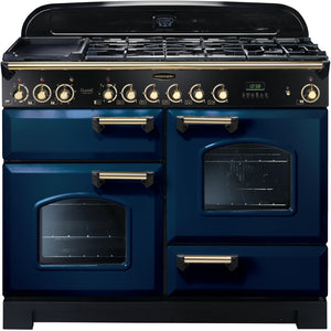 Rangemaster Classic Deluxe 110cm Dual Fuel Range Cooker Blue with Brass
