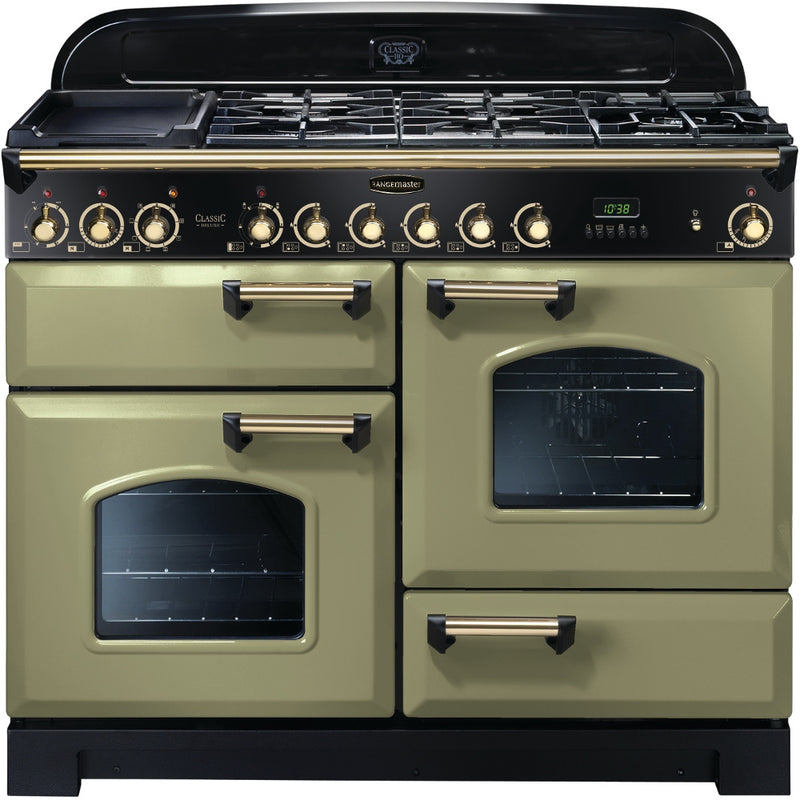 Rangemaster Classic Deluxe 110cm Dual Fuel Range Cooker Olive Green with Brass