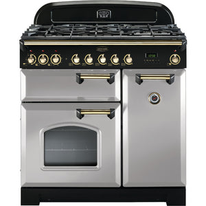 Rangemaster Classic Deluxe 90cm Dual Fuel Range Cooker Royal Pearl with Brass
