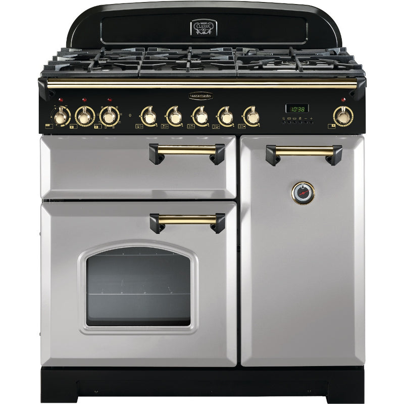 Rangemaster Classic Deluxe 90cm Dual Fuel Range Cooker Royal Pearl with Brass