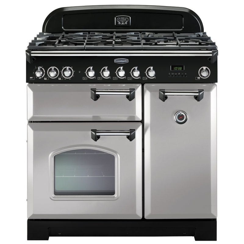 Rangemaster Classic Deluxe 90cm Dual Fuel Range Cooker Royal Pearl with Chrome